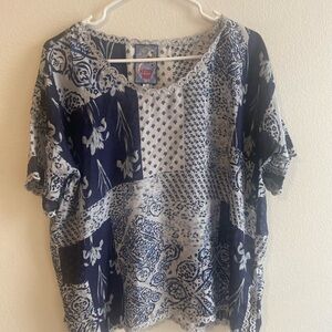 Johnny Was Navy and Cream Patterned silk top